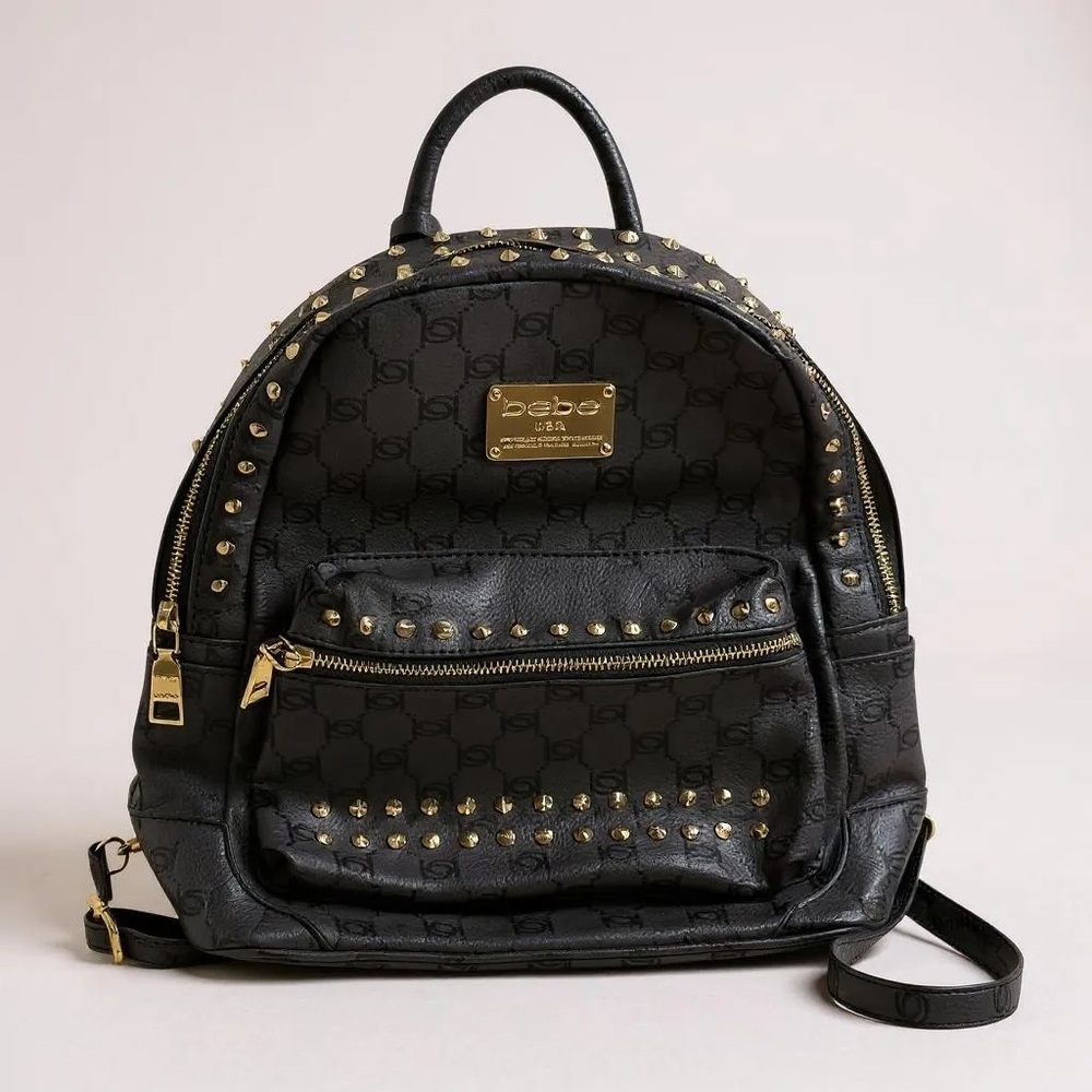 Bebe black studded backpack purse gold hardware logo plate faux leather NWOT